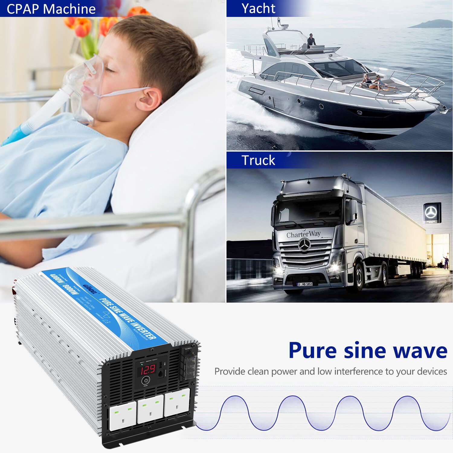 Power Inverter Pure Sine Wave 4000W DC 12V to AC 240V 40A Output Box Large Shell