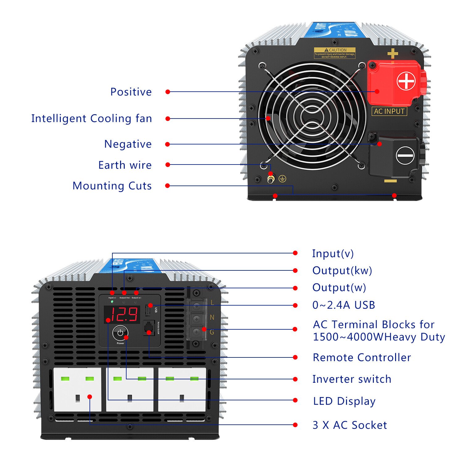 Power Inverter Pure Sine Wave 4000W DC 12V to AC 240V 40A Output Box Large Shell