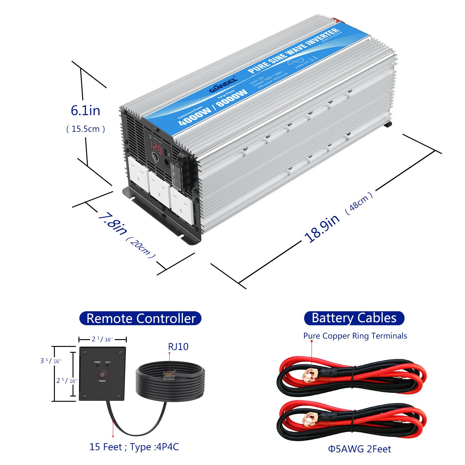 Power Inverter Pure Sine Wave 4000W DC 12V to AC 240V 40A Output Box Large Shell